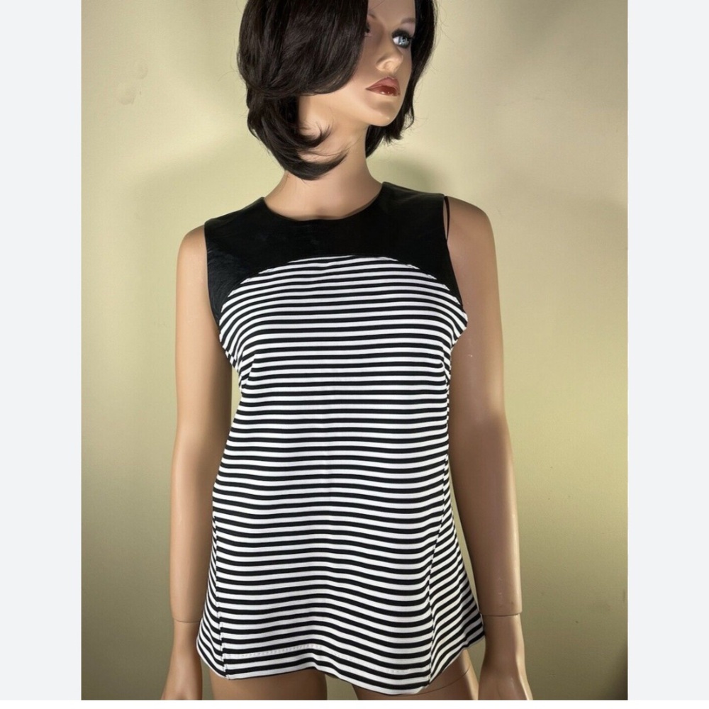 BANANA REPUBLIC Black & White Striped Faux Leather Sleeveless Top